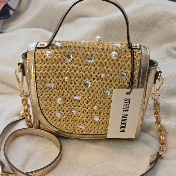Steve Madden NWT Gold & Tan Mini Bag w/Structured Design, Crossbody Strap - Picture 1 of 7